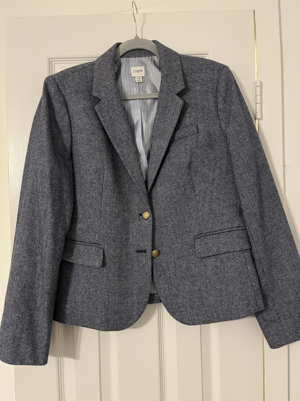 J. Crew Navy Herringbone Wool-Blend Blazer with Gold Buttons